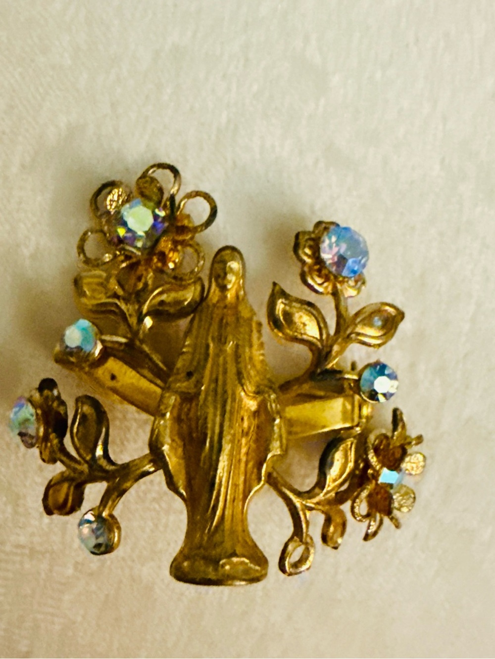 Vintage Gold-Tone Religious Floral Brooch with AB Iridescent Crystal Accents